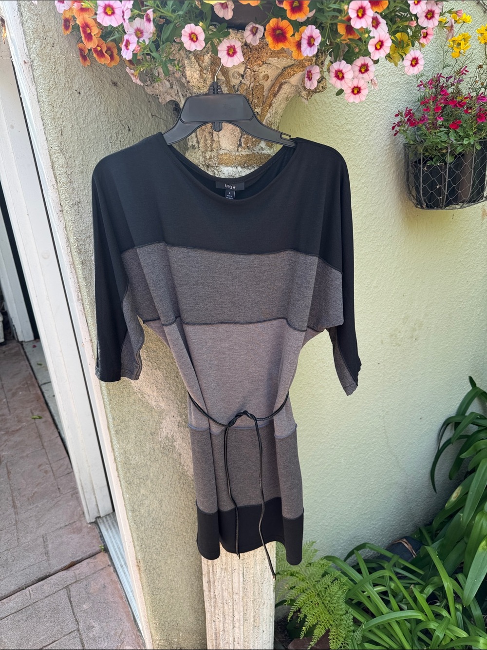 MSK Black and Gray Striped Tie-Waist Midi Dress
